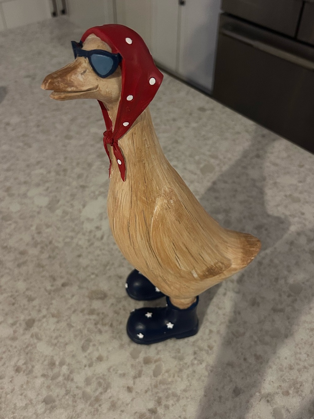 “New” Whimsical Red-Scarf Duck Figurine with Navy Boots